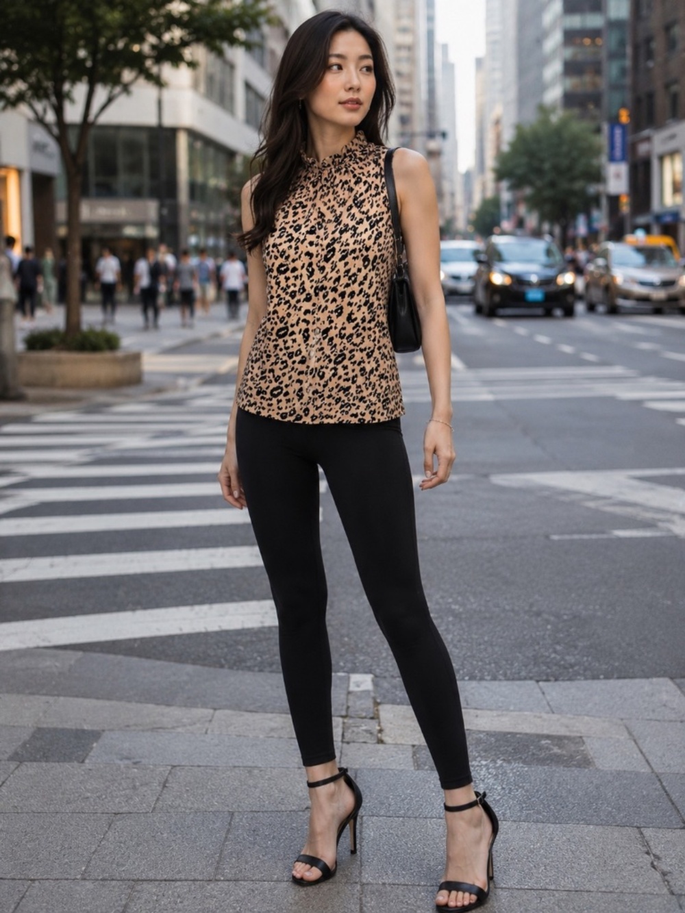 Leopard Print Sleeveless Blouse Top Size L High Neck Ruffle Neckline
